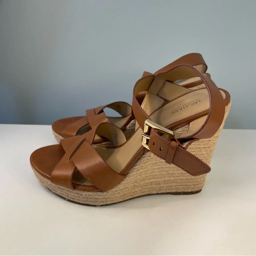 Michael Kors Tan Leather Espadrille Wedge Sandals Size 9